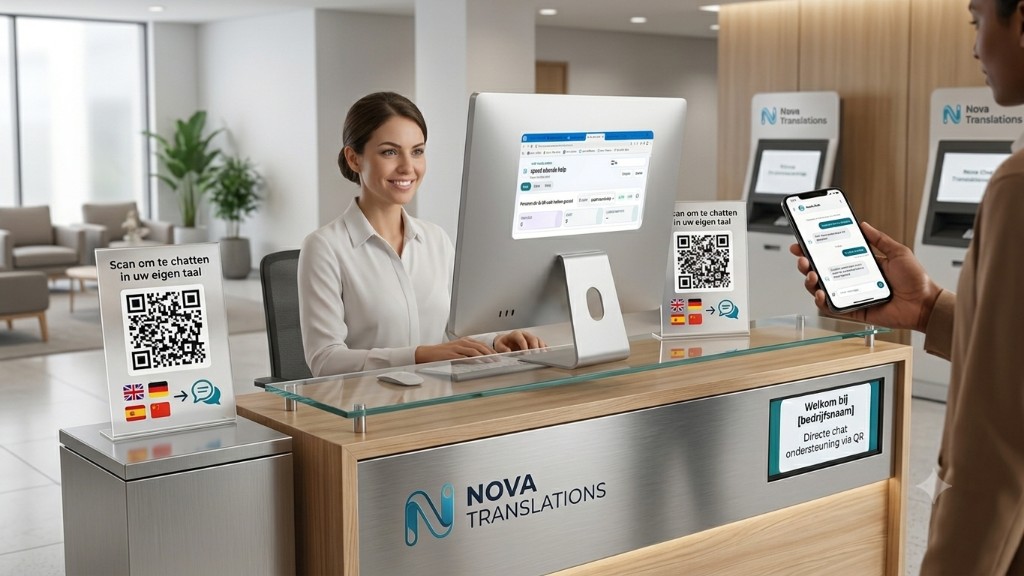 Receptie met QR-code aan de balie: medewerker en bezoeker chatten in eigen taal via Nova Chat