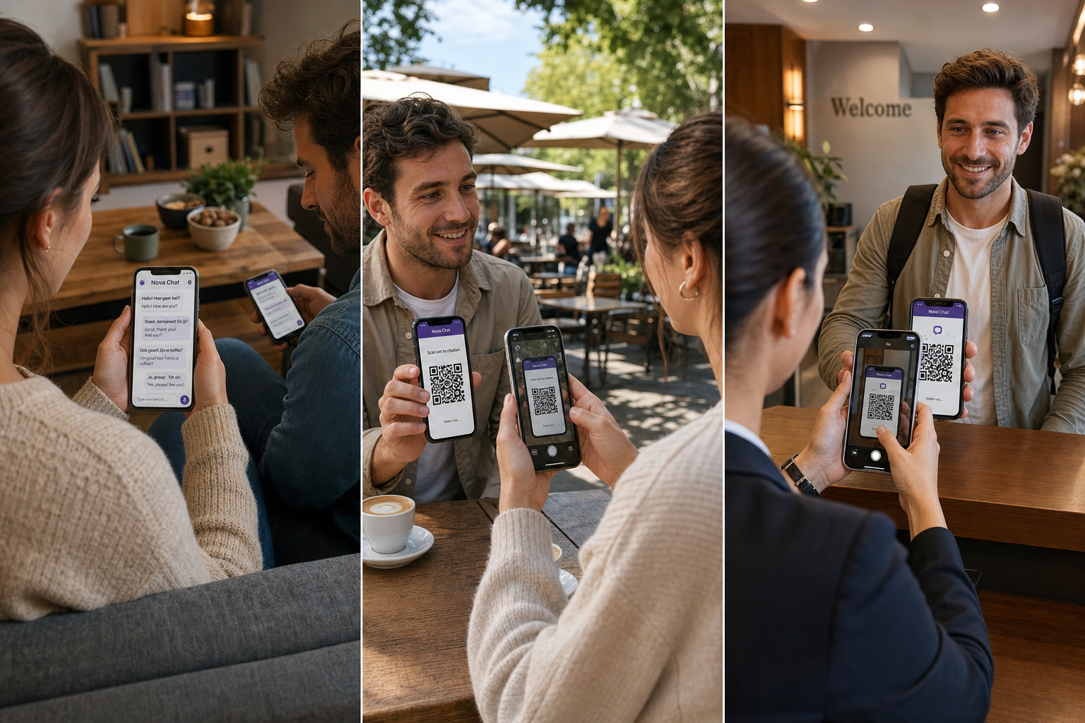 Privé chat met Nova Chat: thuis, op het terras en bij een hotel — QR delen en in eigen taal chatten